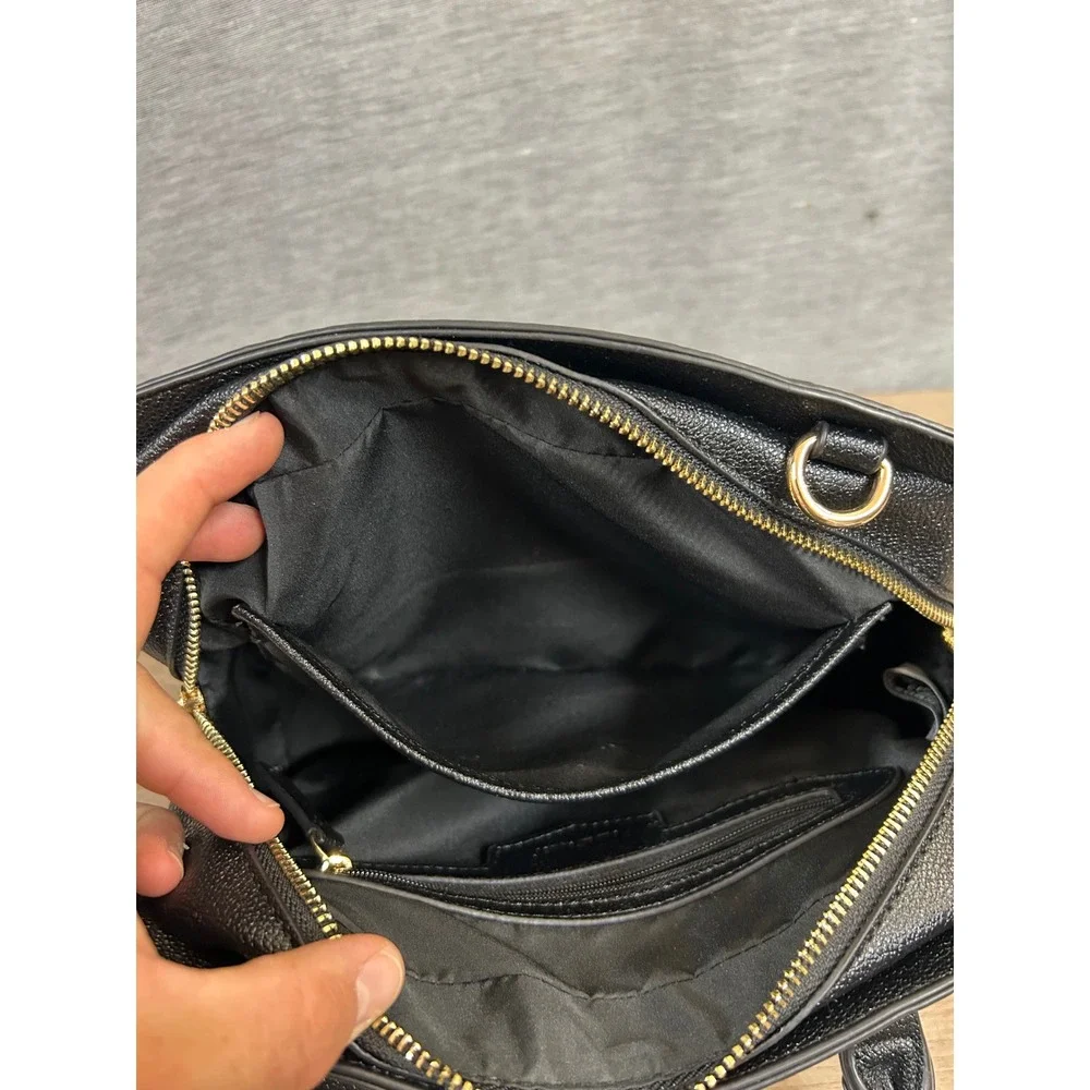 Nine West Womens Black Pebbled Faux Leather Satchel Handbag Gold Hardware Charm